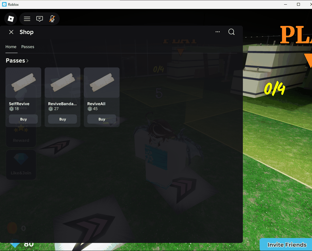 The Roblox Shop overlay open inside a live experience: Home and Passes tabs, and a Passes row showing three game passes — SelfRevive (18 Robux), ReviveBandage (27), ReviveAll (45) — each with a Buy button.