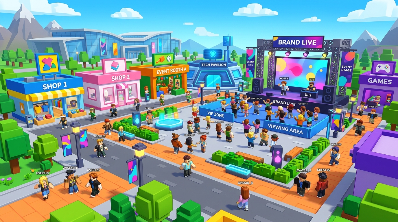 Roblox 上に作られた企業のブランド体験空間（ショップ・イベント・ステージ）のイメージ