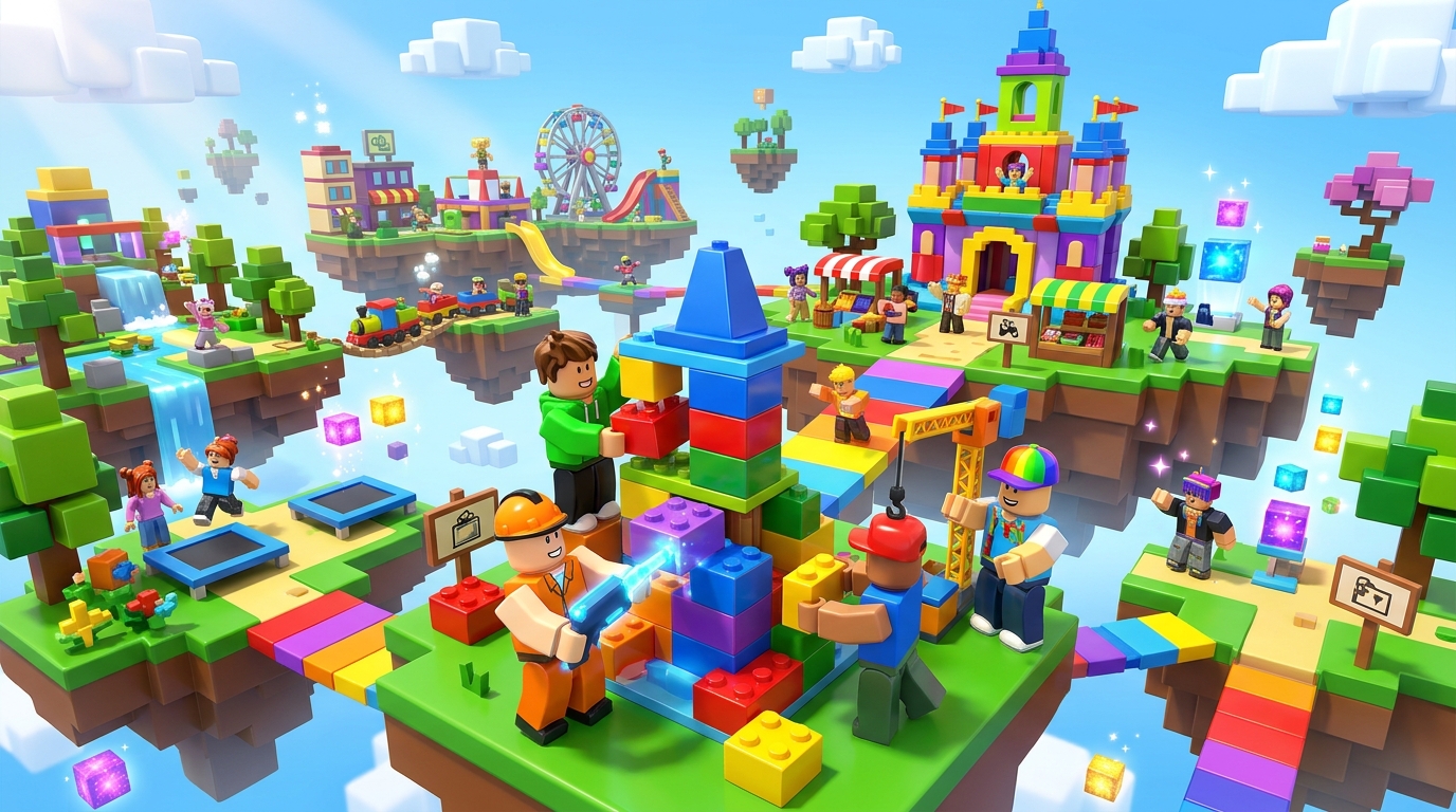 Roblox（ロブロックス）風の3Dゲーム世界で、ブロック体のアバターがエクスペリエンスを制作・プレイしている様子
