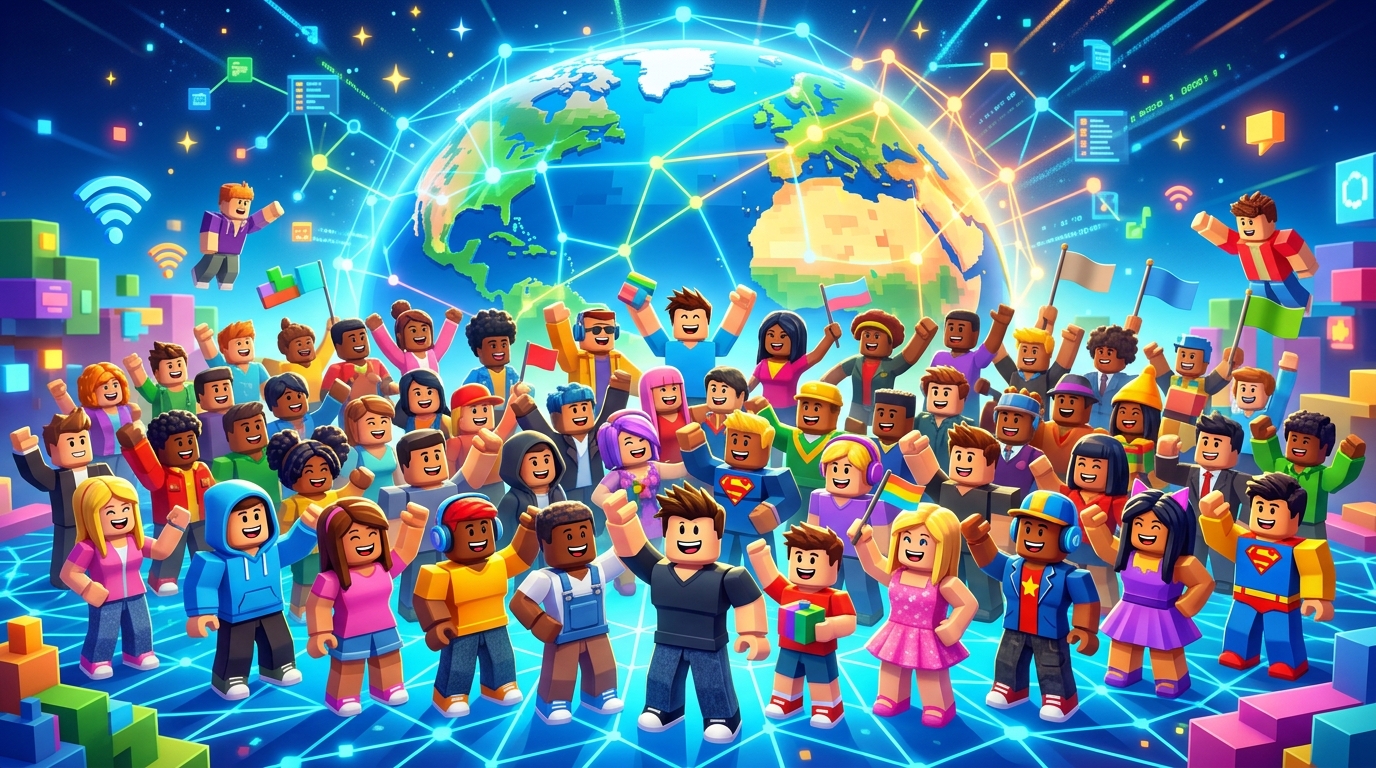 世界中の多様な Roblox アバターが集まるグローバルプレイヤーコミュニティのイメージ